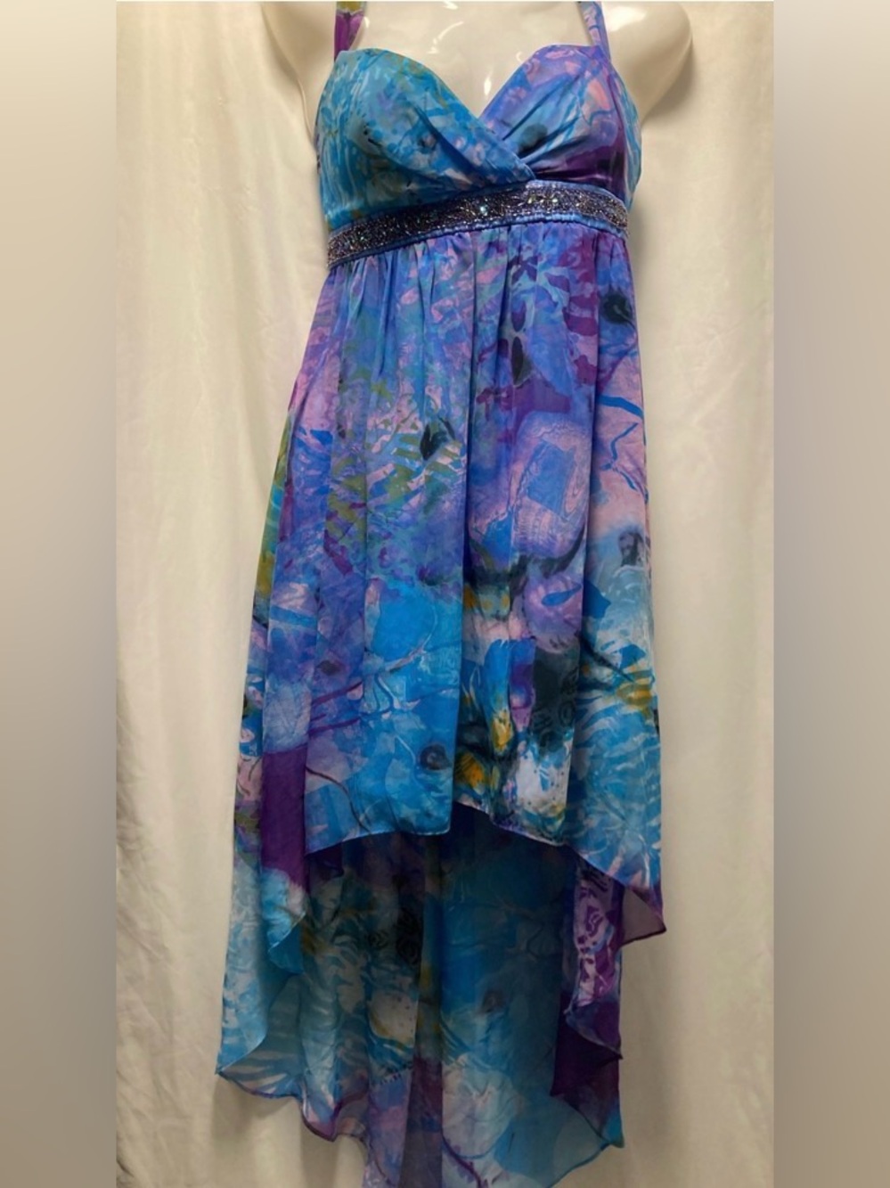 Laura Petites Blue Purple Floral High Low Chiffon Dress Beaded Size 6